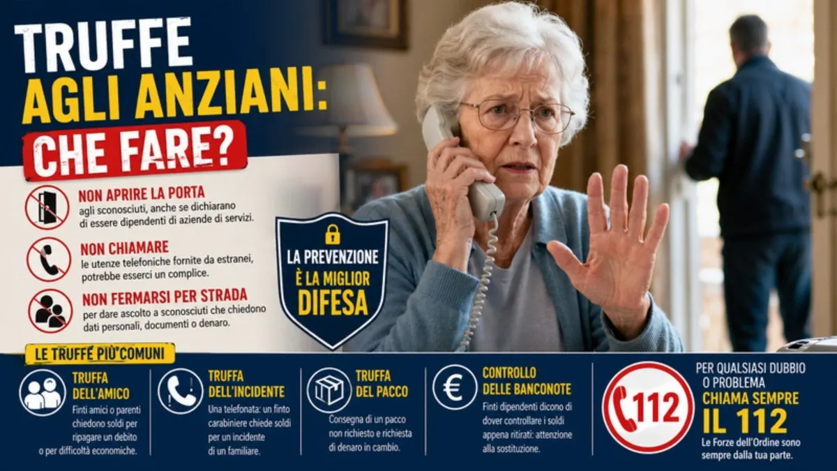 Infografica dei carabinieri sulle truffe agli anziani: le regole di prevenzione e il numero 112