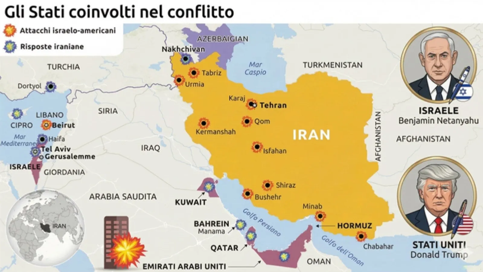 Mappa degli Stati coinvolti nella guerra tra Usa, Israele e Iran in Medio Oriente