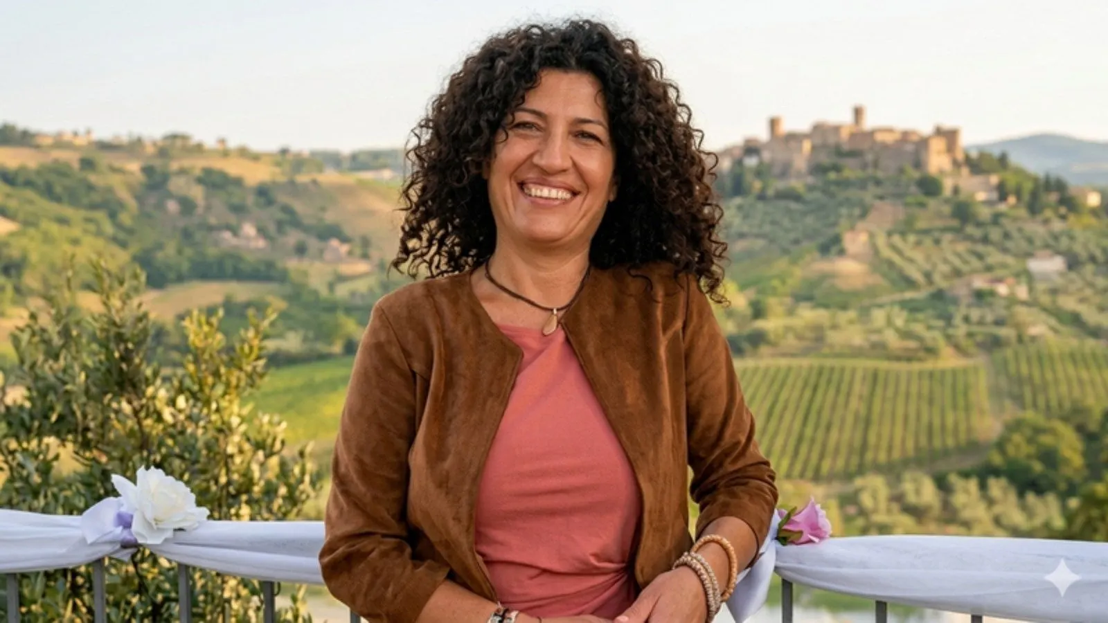 Una donna sorridente su una terrazza affacciata sulle colline e sui vigneti